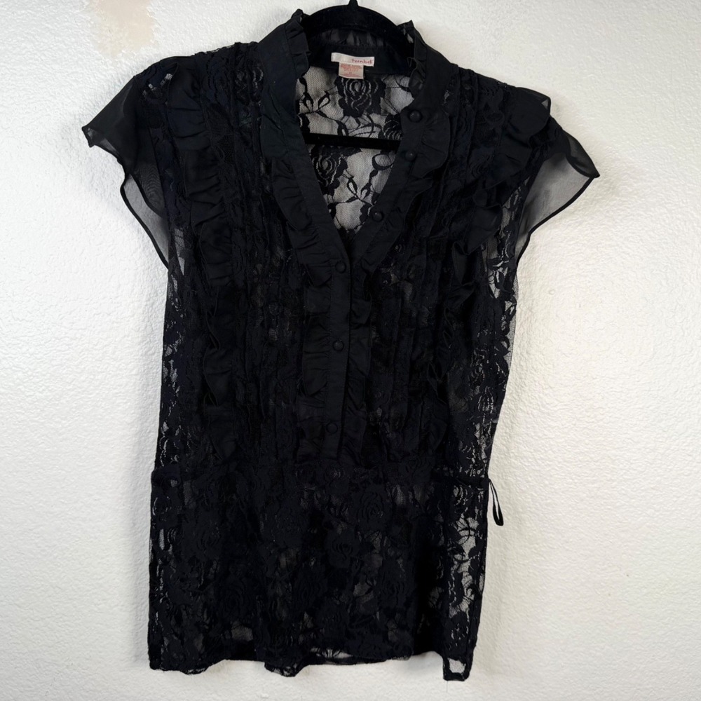 Teenbell Y2K Whimsigoth Lolita Kawaii Dark Romantic Semi Sheer Lace Top Black M